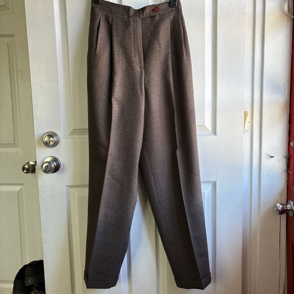 Jennifer & Grace Brown Houndstooth Pleated High Rise Straight Leg Pants- Size 8